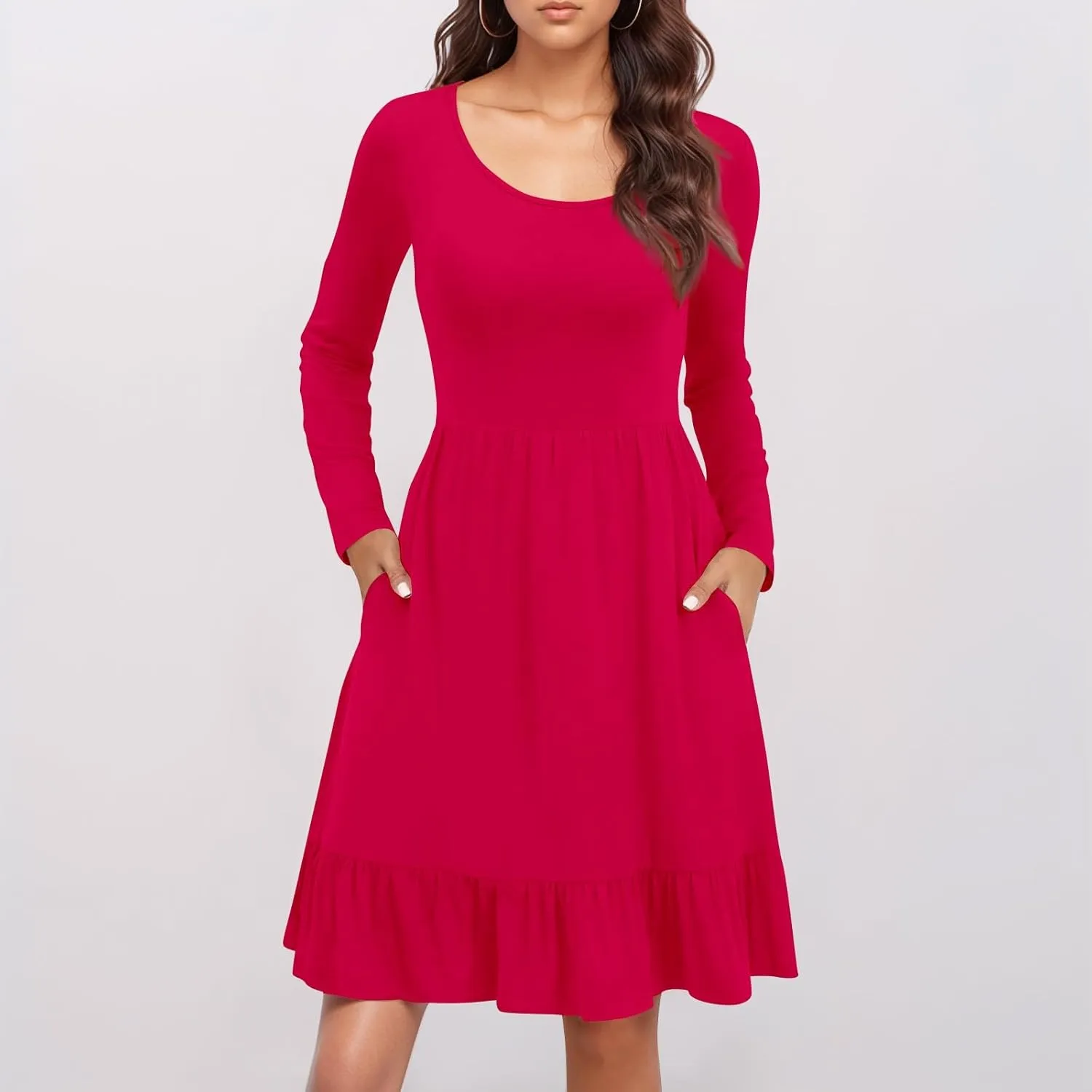 Long Sleeve Dresses for Women 2025 Spring Crewneck A-Line Pleated Swing Dress Solid Color Vacation Party Dresses