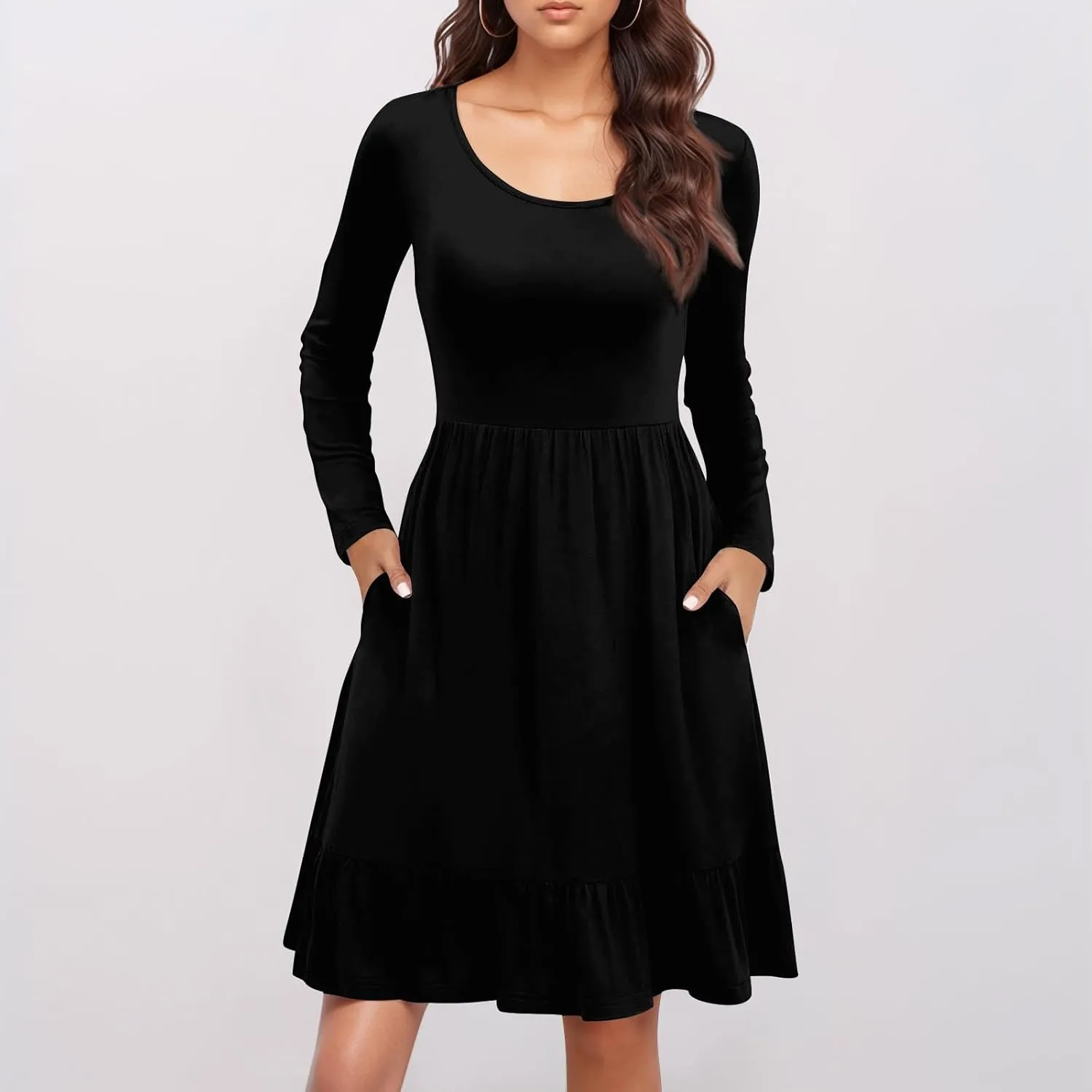 Long Sleeve Dresses for Women 2025 Spring Crewneck A-Line Pleated Swing Dress Solid Color Vacation Party Dresses