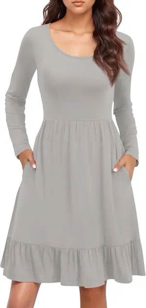 Long Sleeve Dresses for Women 2025 Spring Crewneck A-Line Pleated Swing Dress Solid Color Vacation Party Dresses