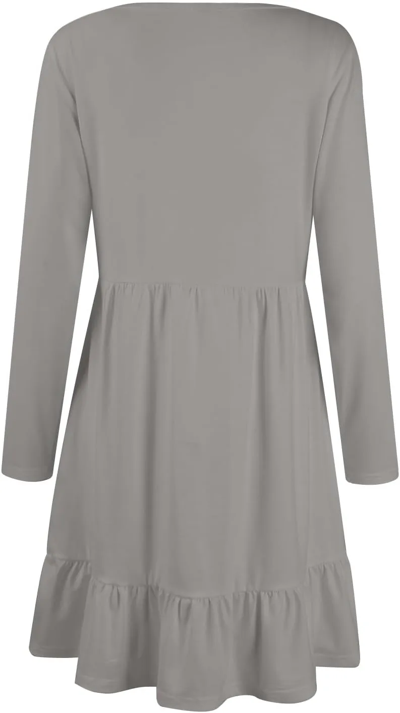 Long Sleeve Dresses for Women 2025 Spring Crewneck A-Line Pleated Swing Dress Solid Color Vacation Party Dresses