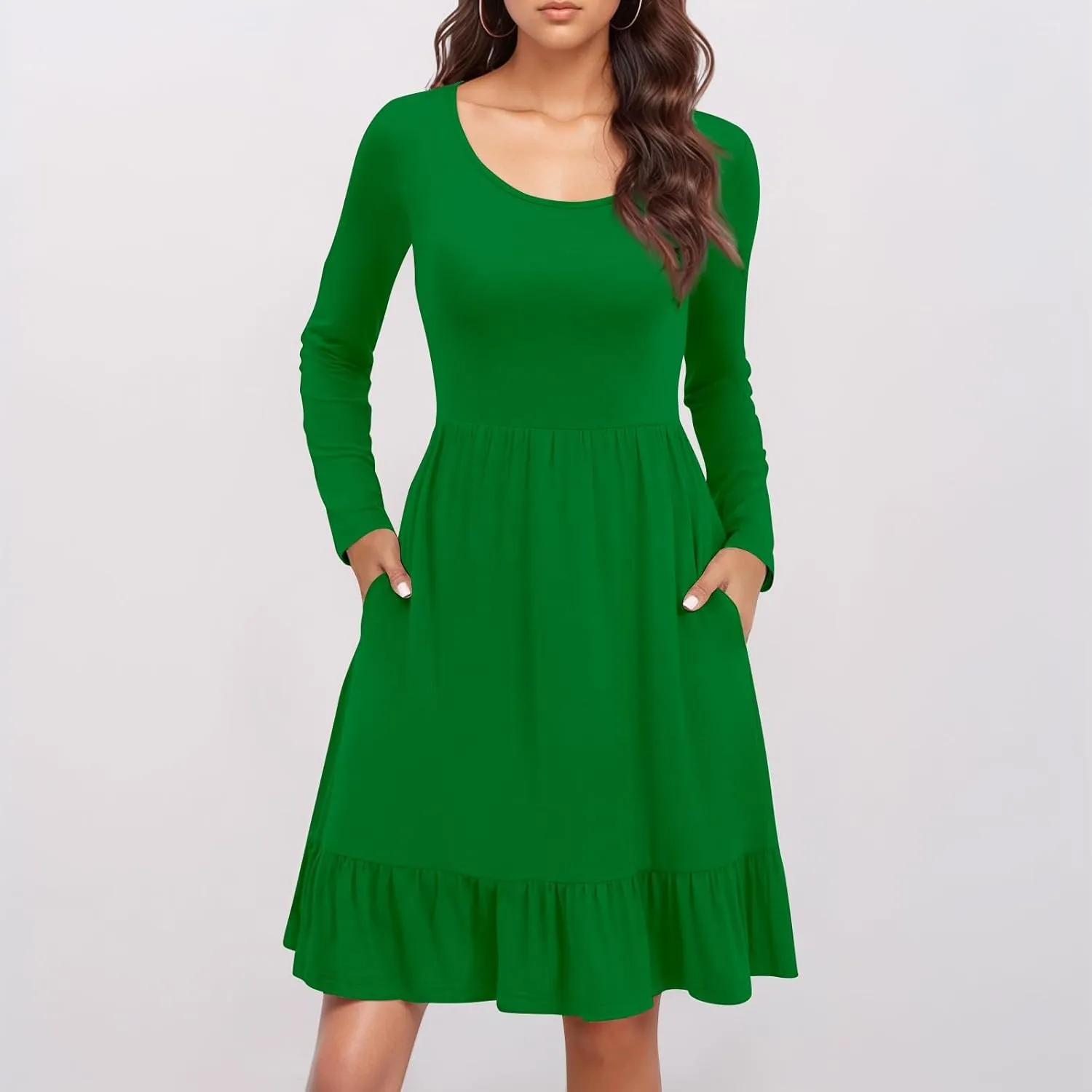 Long Sleeve Dresses for Women 2025 Spring Crewneck A-Line Pleated Swing Dress Solid Color Vacation Party Dresses