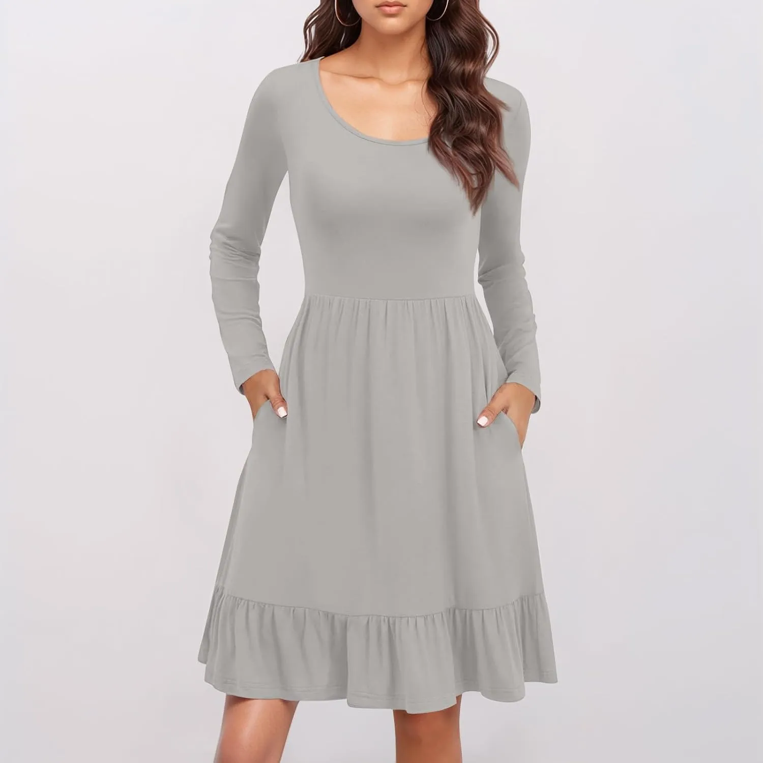 Long Sleeve Dresses for Women 2025 Spring Crewneck A-Line Pleated Swing Dress Solid Color Vacation Party Dresses