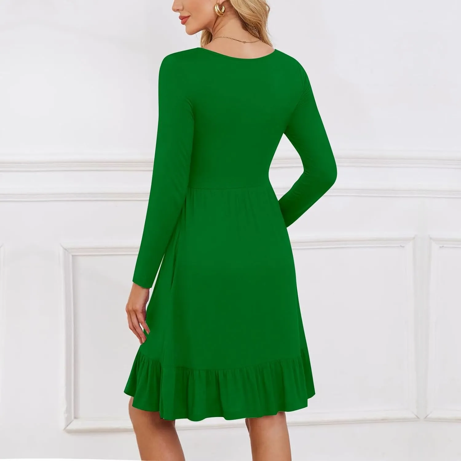 Long Sleeve Dresses for Women 2025 Spring Crewneck A-Line Pleated Swing Dress Solid Color Vacation Party Dresses