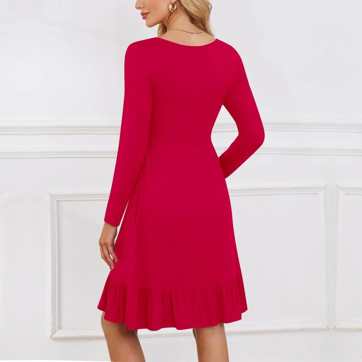 Long Sleeve Dresses for Women 2025 Spring Crewneck A-Line Pleated Swing Dress Solid Color Vacation Party Dresses