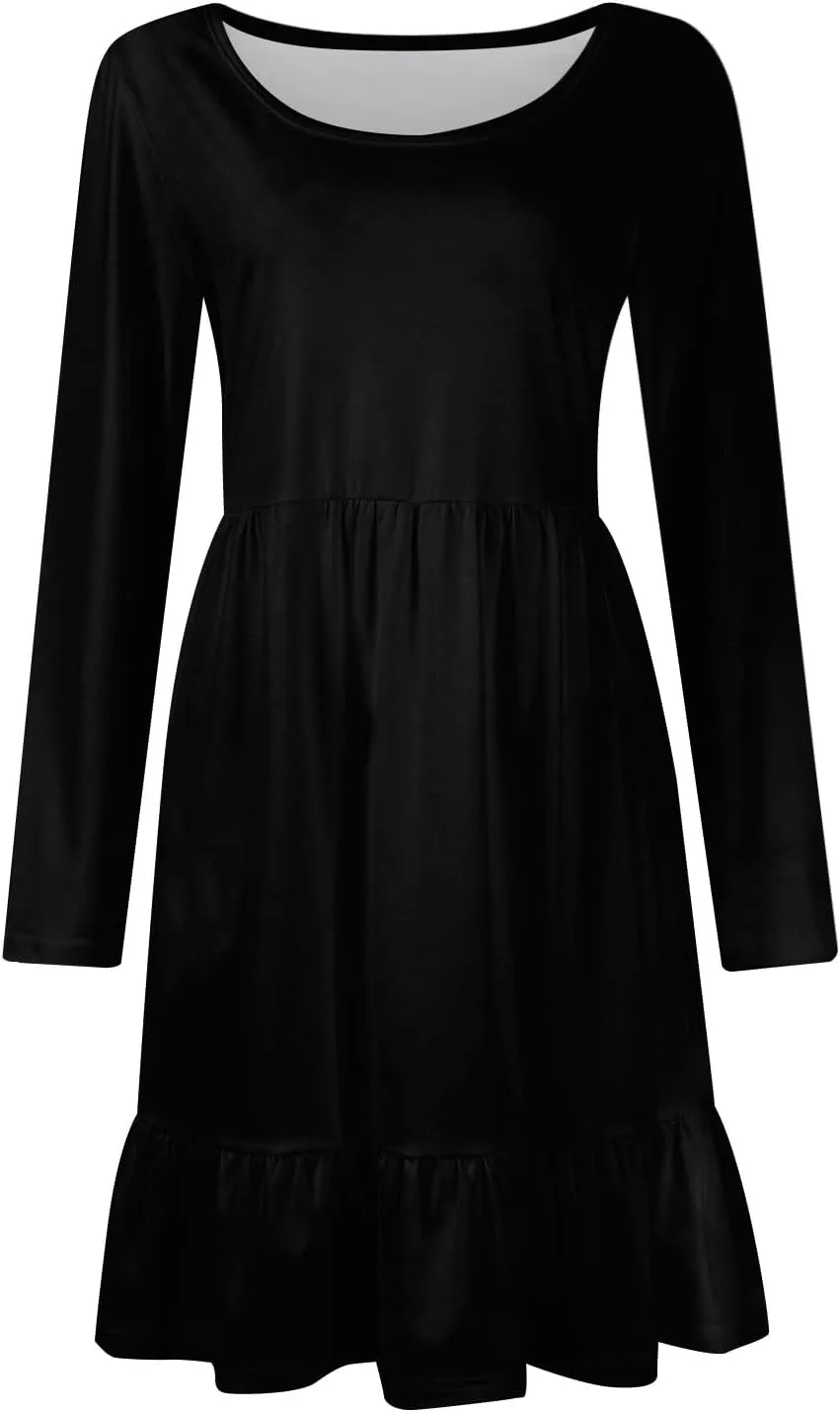 Long Sleeve Dresses for Women 2025 Spring Crewneck A-Line Pleated Swing Dress Solid Color Vacation Party Dresses