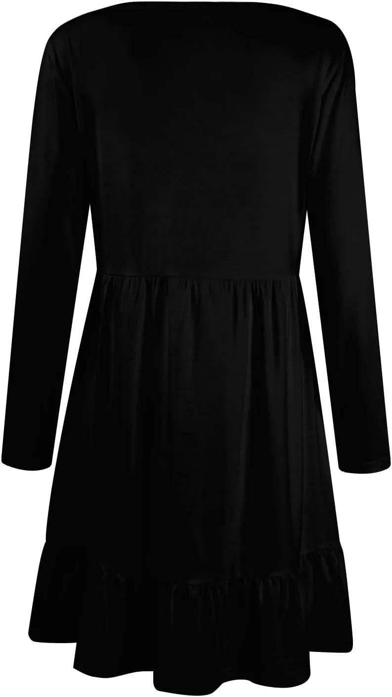 Long Sleeve Dresses for Women 2025 Spring Crewneck A-Line Pleated Swing Dress Solid Color Vacation Party Dresses