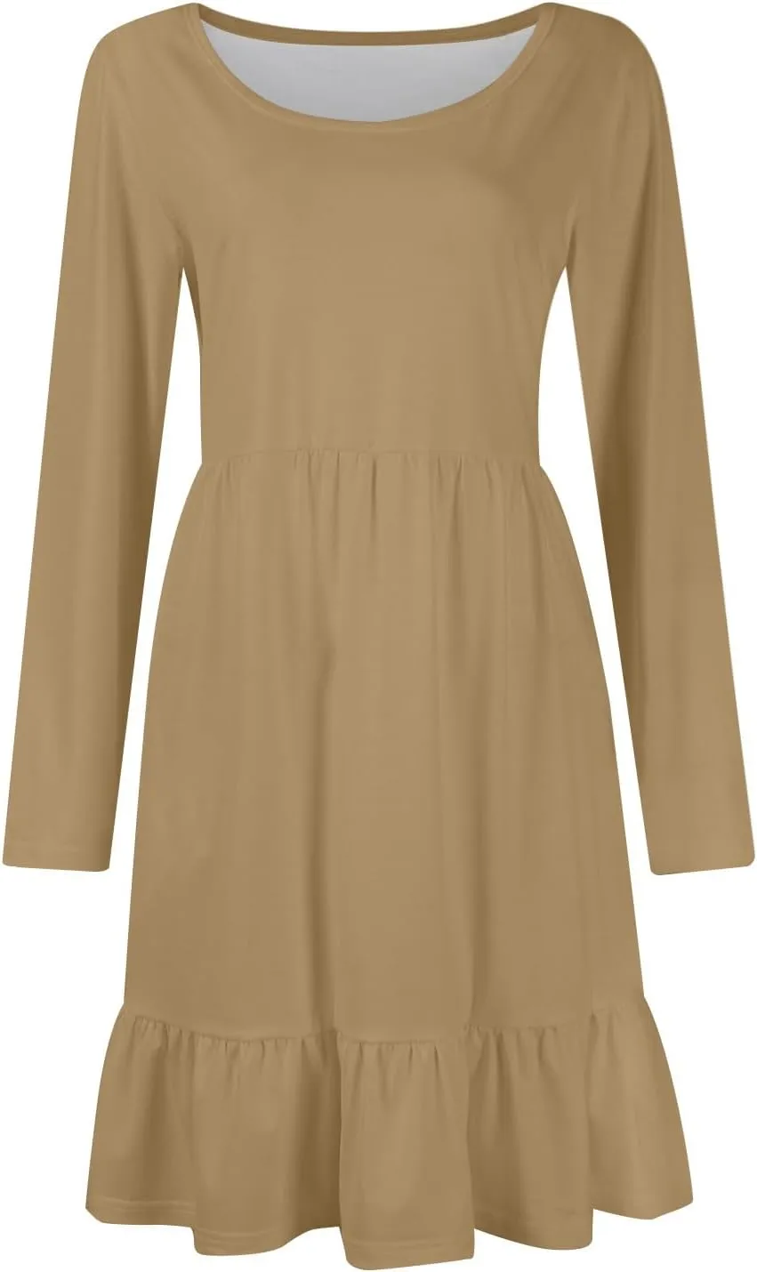 Long Sleeve Dresses for Women 2025 Spring Crewneck A-Line Pleated Swing Dress Solid Color Vacation Party Dresses