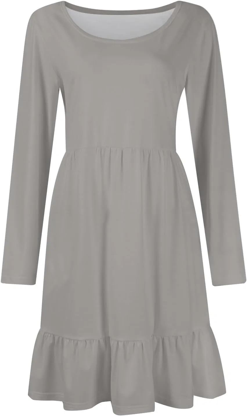 Long Sleeve Dresses for Women 2025 Spring Crewneck A-Line Pleated Swing Dress Solid Color Vacation Party Dresses
