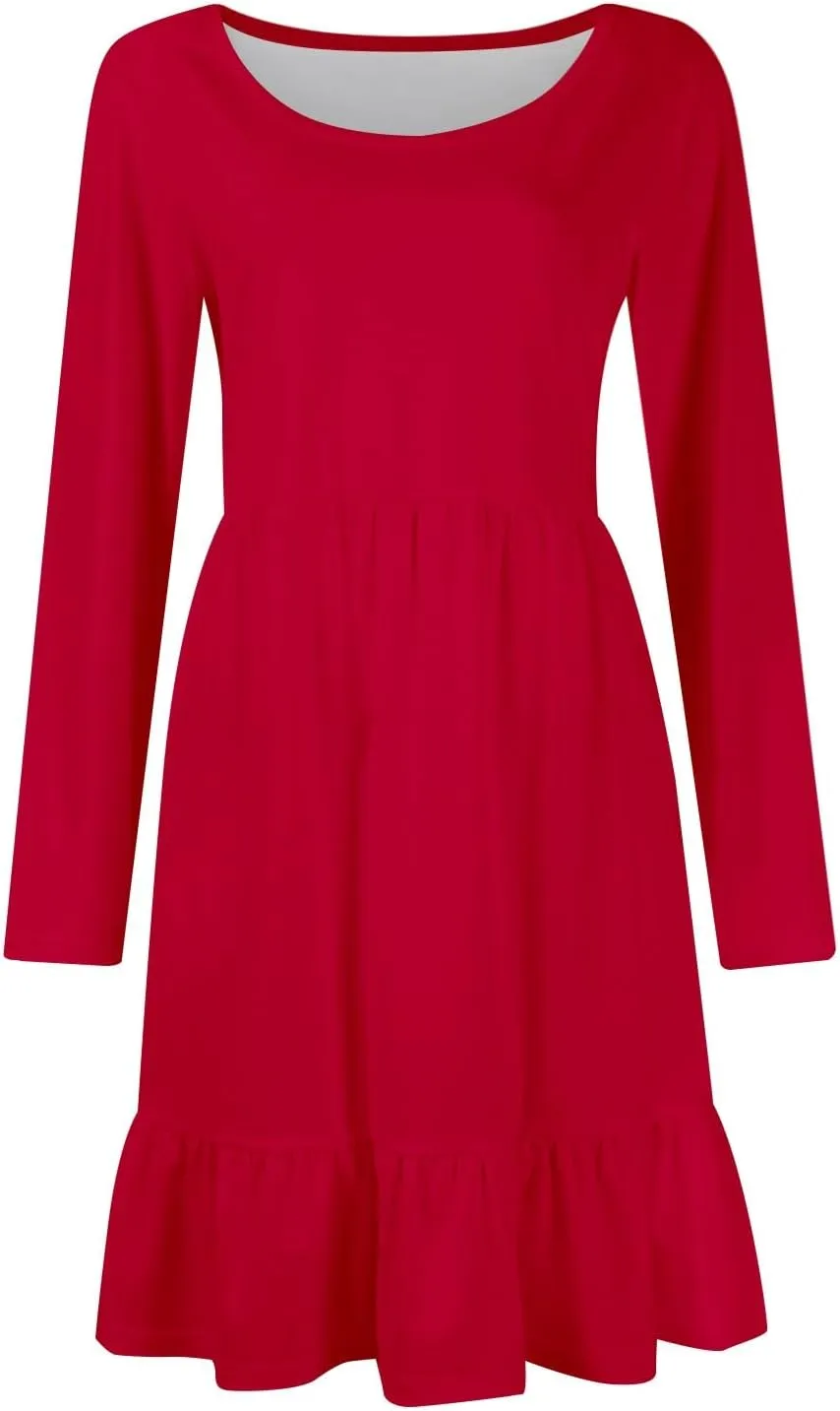 Long Sleeve Dresses for Women 2025 Spring Crewneck A-Line Pleated Swing Dress Solid Color Vacation Party Dresses