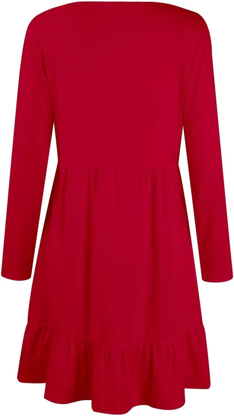 Long Sleeve Dresses for Women 2025 Spring Crewneck A-Line Pleated Swing Dress Solid Color Vacation Party Dresses