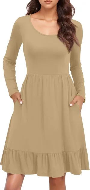 Long Sleeve Dresses for Women 2025 Spring Crewneck A-Line Pleated Swing Dress Solid Color Vacation Party Dresses