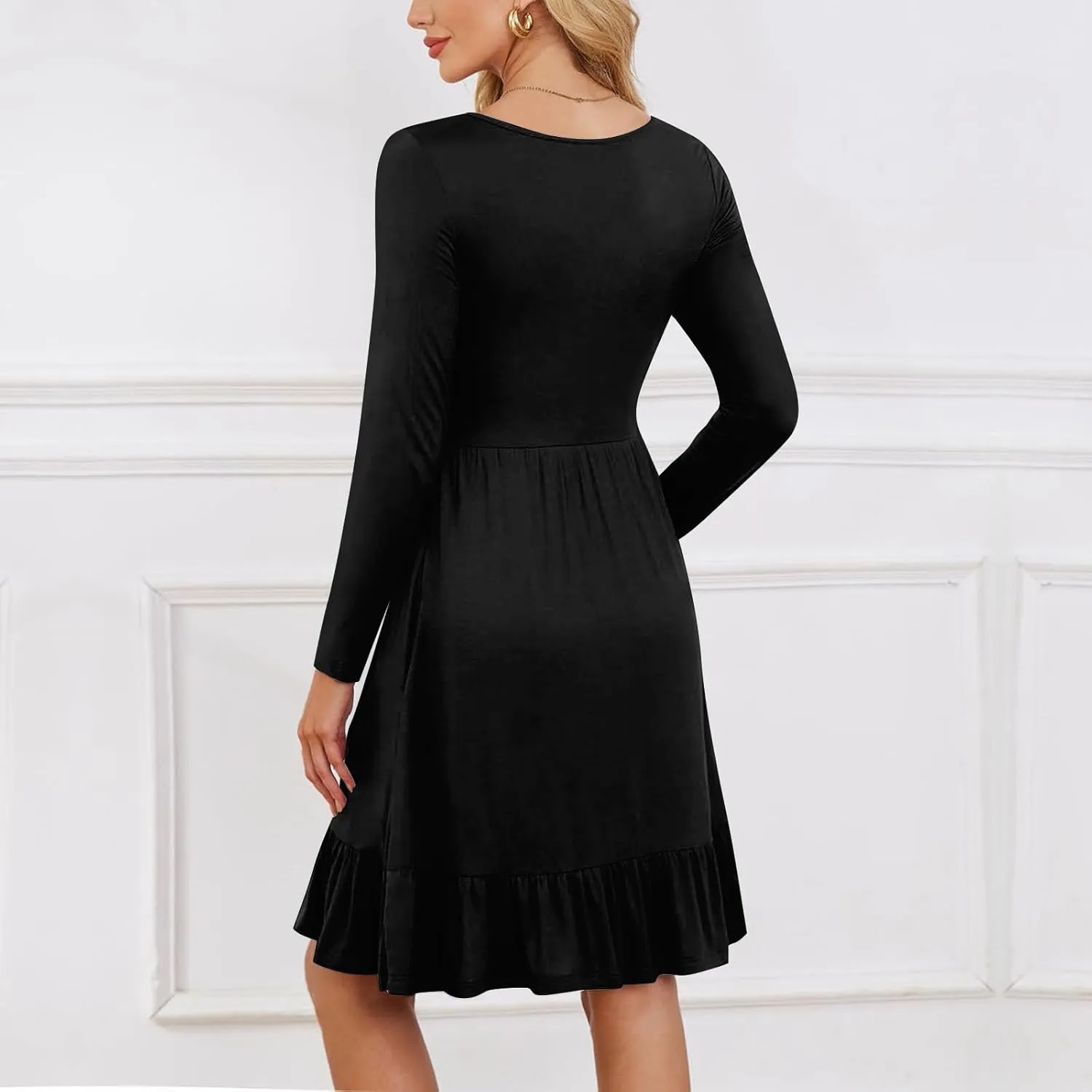 Long Sleeve Dresses for Women 2025 Spring Crewneck A-Line Pleated Swing Dress Solid Color Vacation Party Dresses