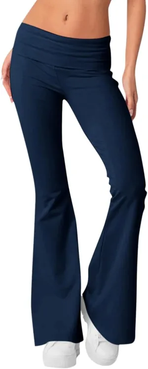Low Rise Flared Leggings for Women Comfy Fold Over Flare Yoga Pants Gym Leggings Bell Bottom Workout Leggings