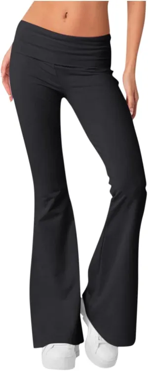 Low Rise Flared Leggings for Women Comfy Fold Over Flare Yoga Pants Gym Leggings Bell Bottom Workout Leggings