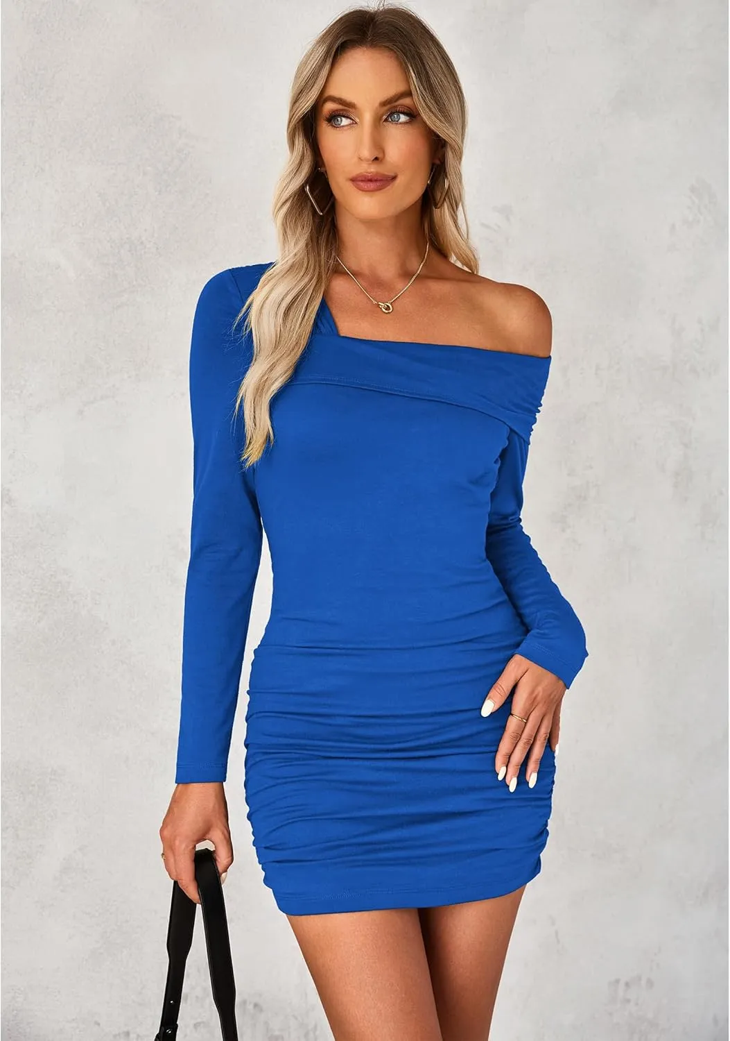 luvamia One Shoulder Dresses for Women Bodycon Long Sleeve Ruched Cocktail Party Date Night Short Dress Special Occasion