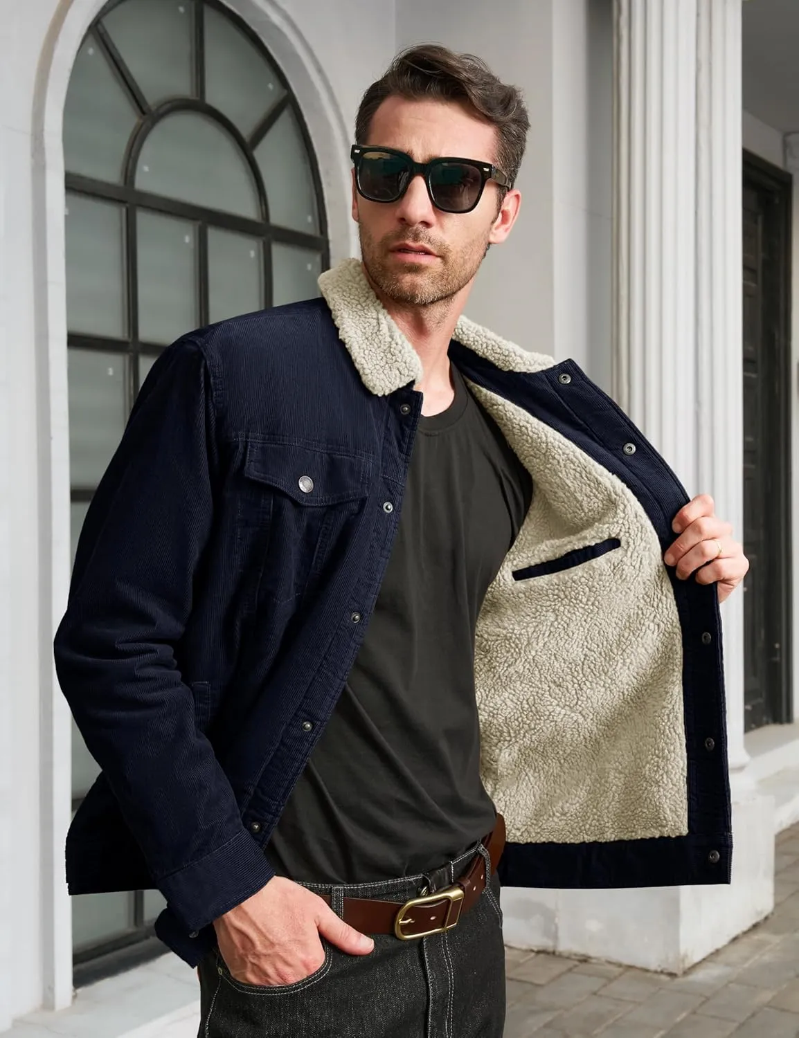 MAGCOMSEN Men's Corduroy Jacket Sherpa Lined Trucker Jackets Cotton Turn-Down Collar Warm Winter Jacket Casual Coat 5 Pockets