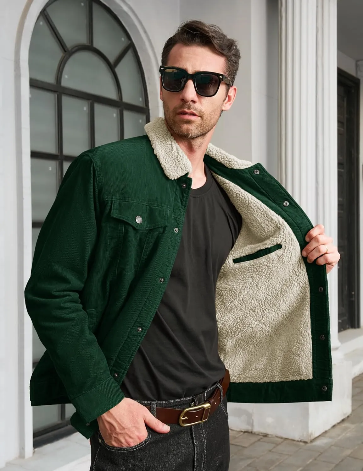 MAGCOMSEN Men's Corduroy Jacket Sherpa Lined Trucker Jackets Cotton Turn-Down Collar Warm Winter Jacket Casual Coat 5 Pockets