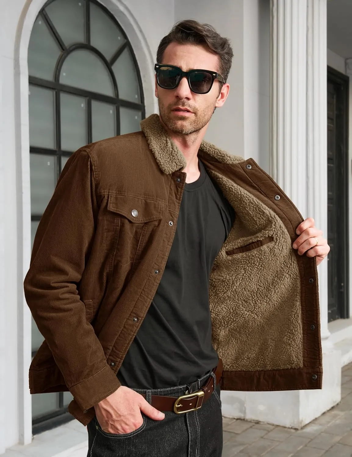 MAGCOMSEN Men's Corduroy Jacket Sherpa Lined Trucker Jackets Cotton Turn-Down Collar Warm Winter Jacket Casual Coat 5 Pockets
