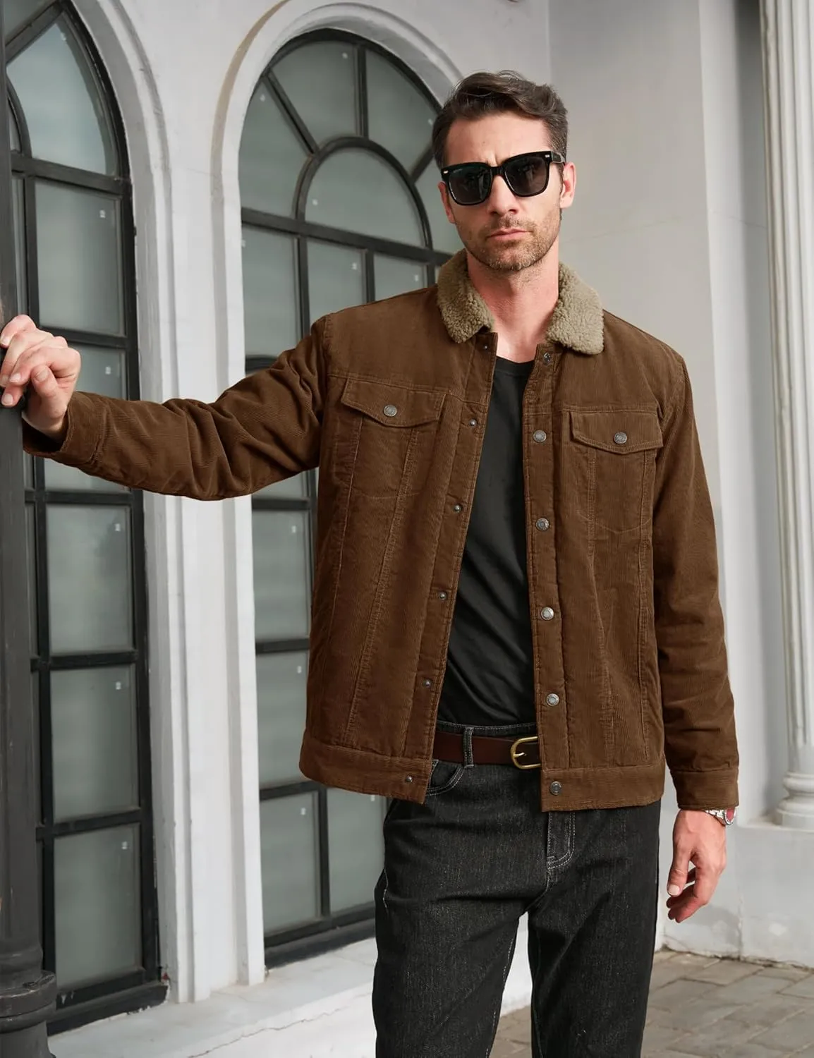 MAGCOMSEN Men's Corduroy Jacket Sherpa Lined Trucker Jackets Cotton Turn-Down Collar Warm Winter Jacket Casual Coat 5 Pockets