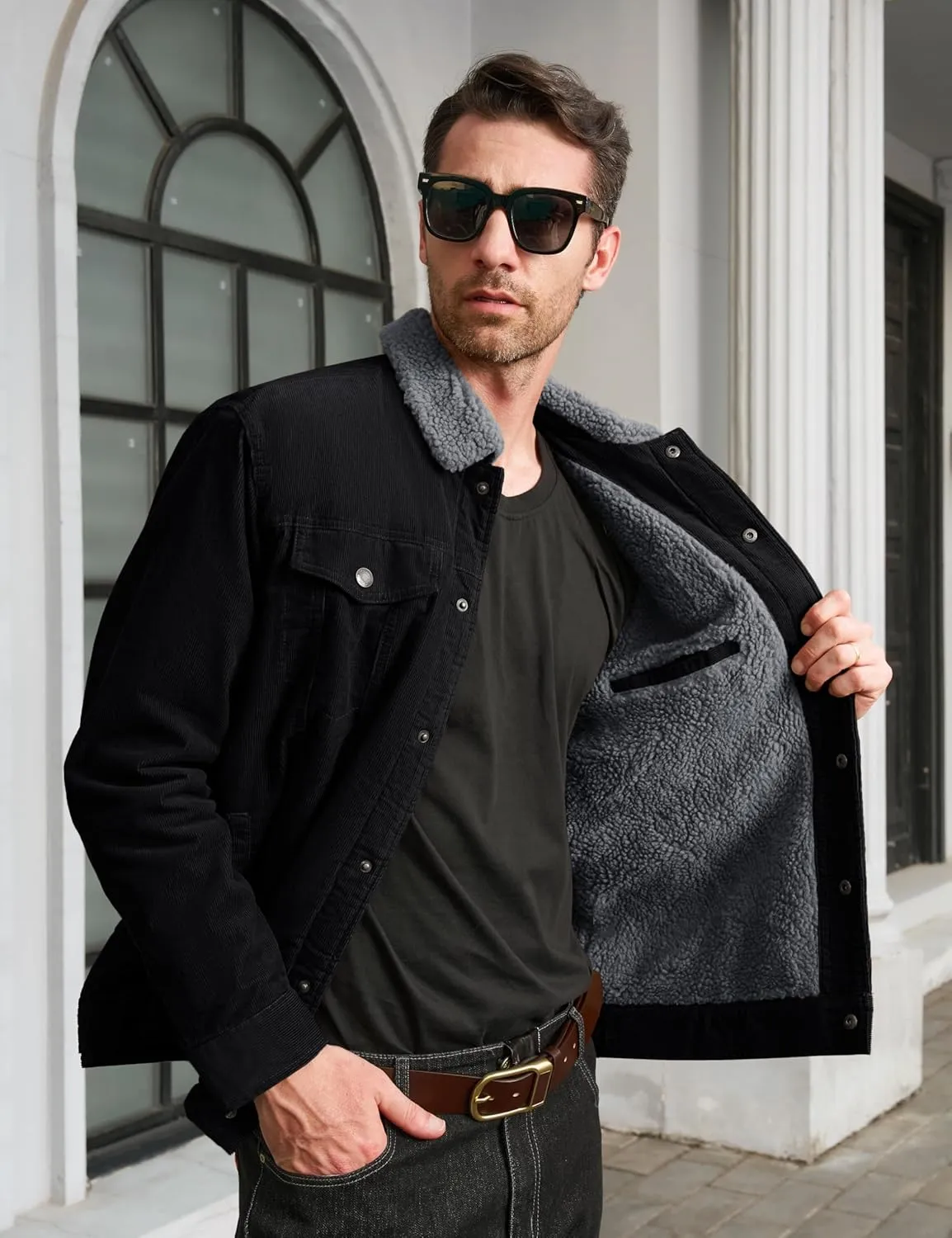 MAGCOMSEN Men's Corduroy Jacket Sherpa Lined Trucker Jackets Cotton Turn-Down Collar Warm Winter Jacket Casual Coat 5 Pockets