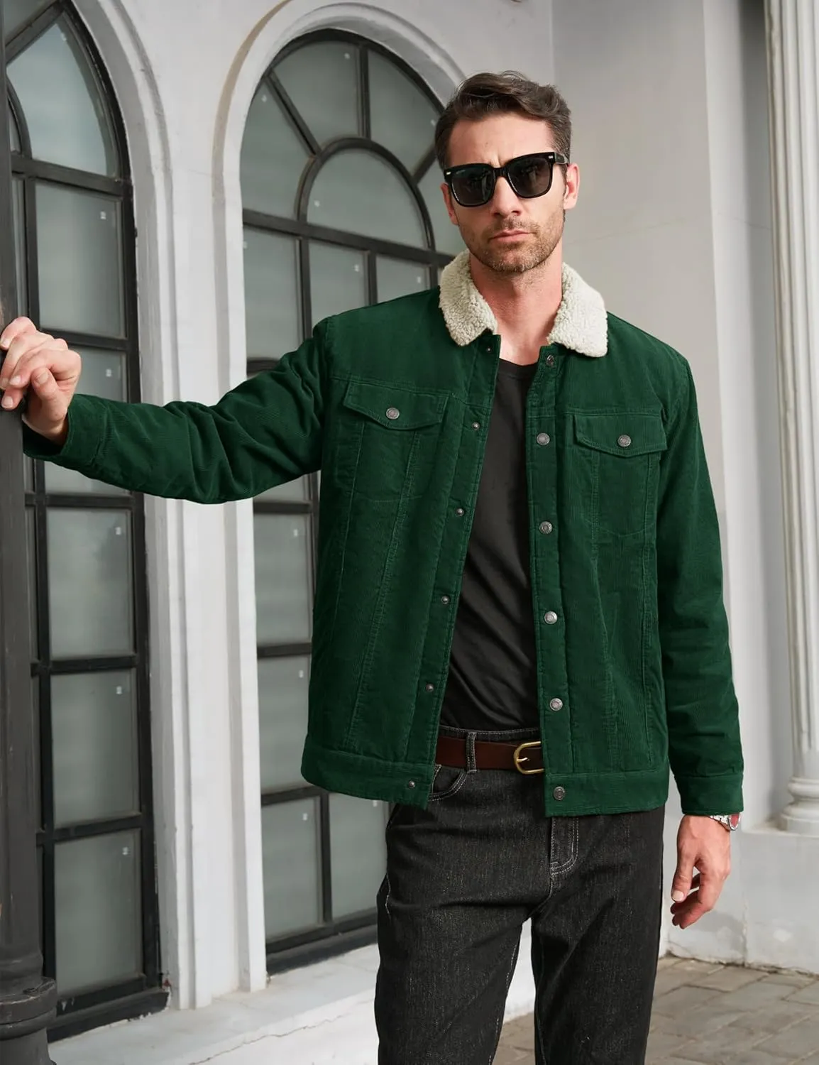 MAGCOMSEN Men's Corduroy Jacket Sherpa Lined Trucker Jackets Cotton Turn-Down Collar Warm Winter Jacket Casual Coat 5 Pockets