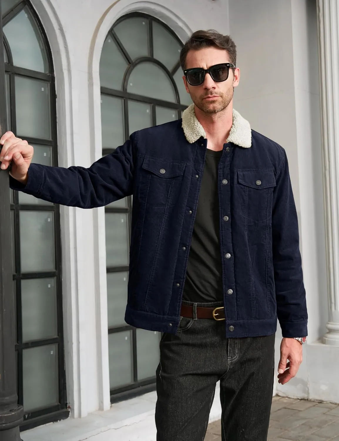 MAGCOMSEN Men's Corduroy Jacket Sherpa Lined Trucker Jackets Cotton Turn-Down Collar Warm Winter Jacket Casual Coat 5 Pockets