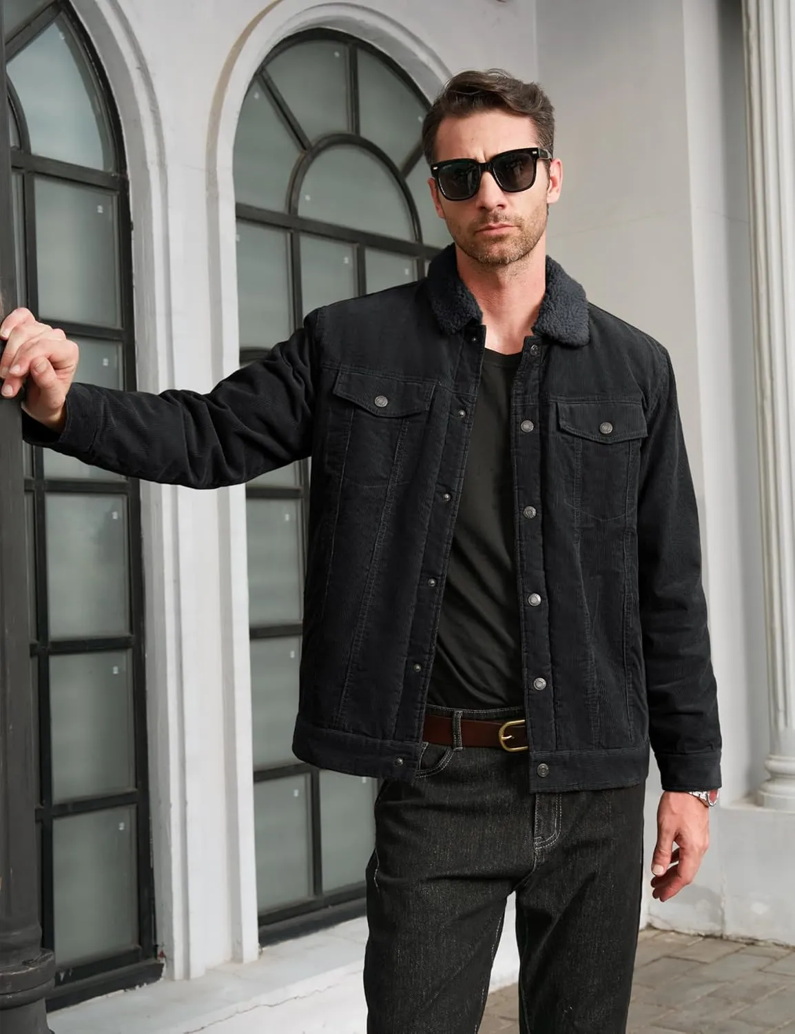 MAGCOMSEN Men's Corduroy Jacket Sherpa Lined Trucker Jackets Cotton Turn-Down Collar Warm Winter Jacket Casual Coat 5 Pockets