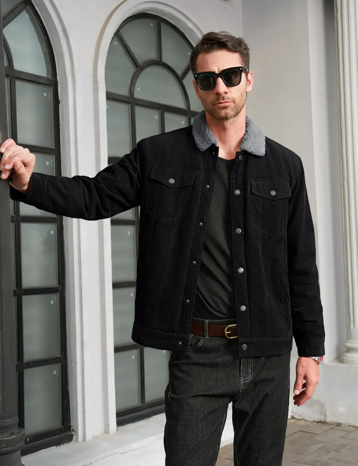 MAGCOMSEN Men's Corduroy Jacket Sherpa Lined Trucker Jackets Cotton Turn-Down Collar Warm Winter Jacket Casual Coat 5 Pockets