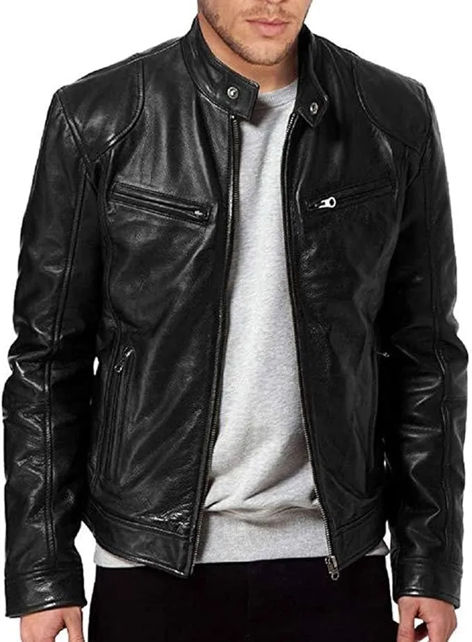Maiyifu-GJ Men's Faux Leather Jacket Stand Collar Motorcycle Leather Jackets Casual Lightweight Zip Up Biker Coat