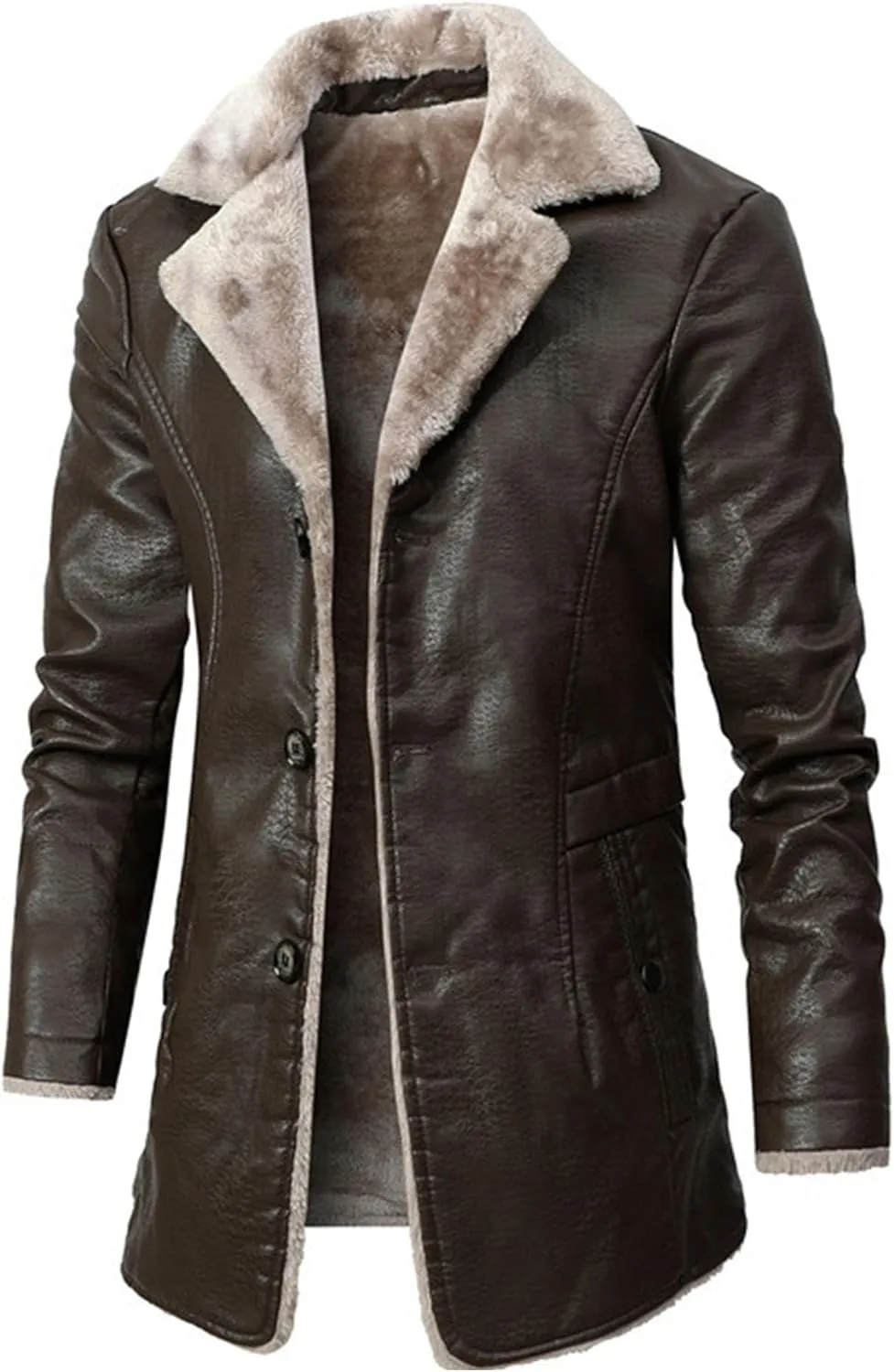 Maiyifu-GJ Mens Faux PU Leather Vintage Jacket Fleece Sherpa Lined Long Trench Coats Fur Collar Windbreaker Overcoat