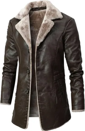 Maiyifu-GJ Mens Faux PU Leather Vintage Jacket Fleece Sherpa Lined Long Trench Coats Fur Collar Windbreaker Overcoat