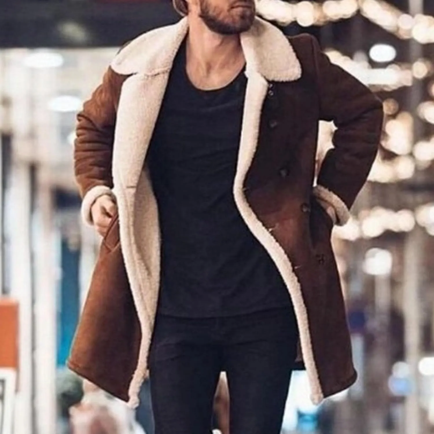 Maiyifu-GJ Mens Sherpa Lined PU Leather Coats Fur Collar Motorcycle Jackets Winter Windbreaker Trench Overcoat