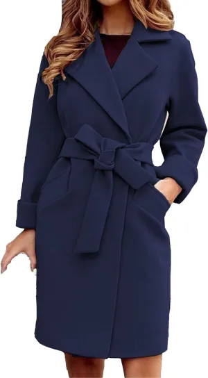 Maiyifu-GJ Women's Wool Blend Long Trench Coat Elegant Notched Lapel Coat Jacket Casual Fall Winter Overcoat with Belt