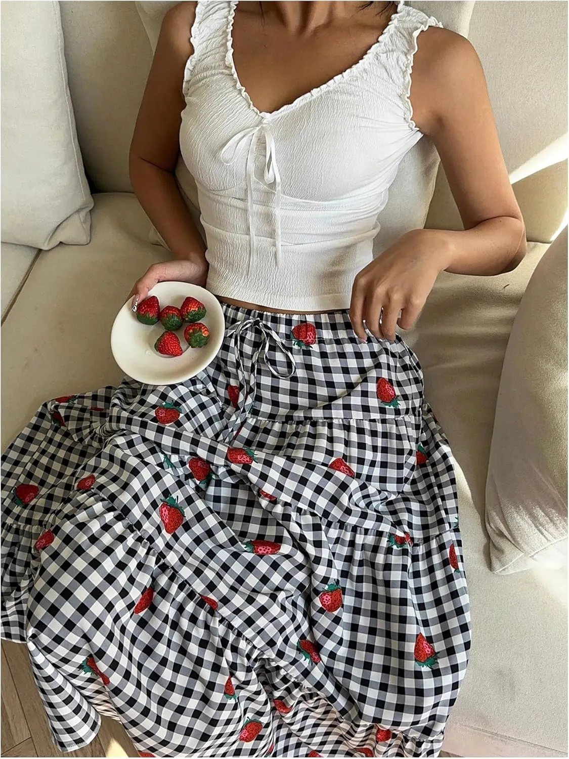 MakeMeChic Women's Strawberry Gingham Print Maxi Skirt Ruffle Tiered A Line Skirts
