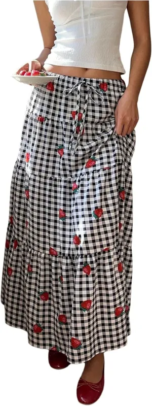 MakeMeChic Women's Strawberry Gingham Print Maxi Skirt Ruffle Tiered A Line Skirts