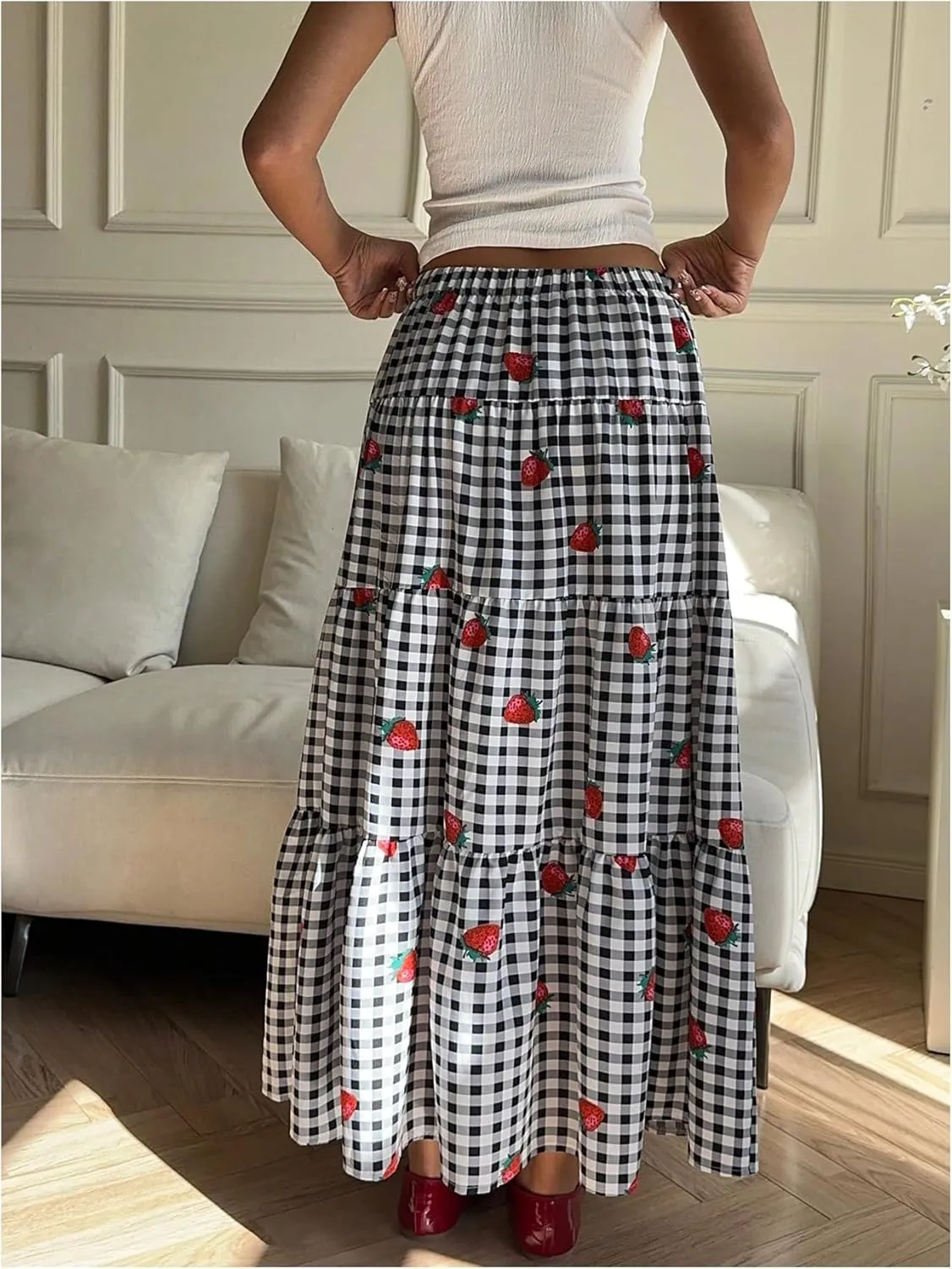MakeMeChic Women's Strawberry Gingham Print Maxi Skirt Ruffle Tiered A Line Skirts