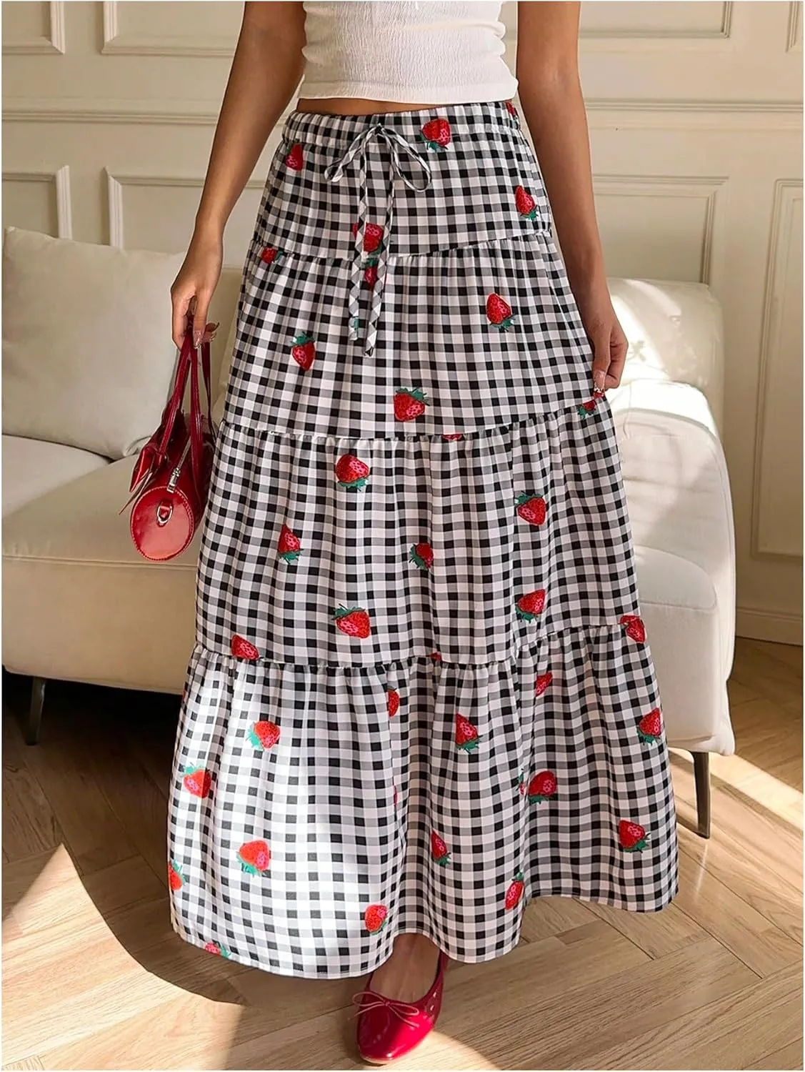 MakeMeChic Women's Strawberry Gingham Print Maxi Skirt Ruffle Tiered A Line Skirts