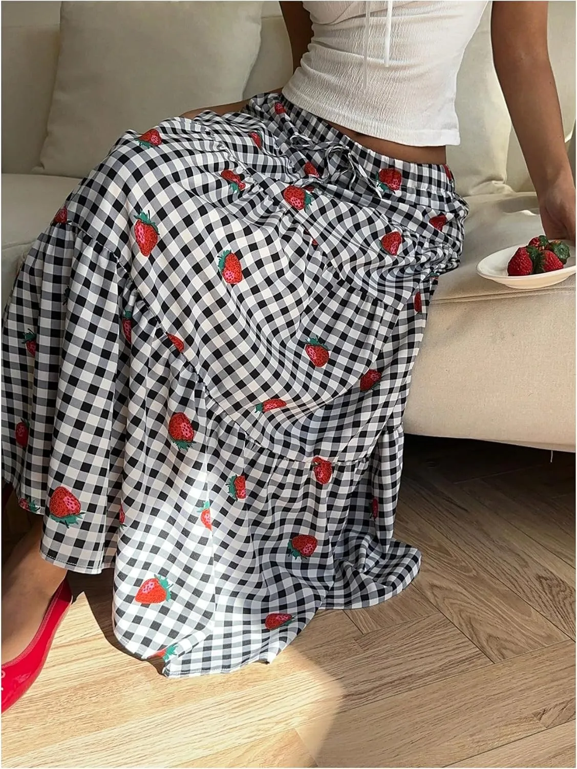 MakeMeChic Women's Strawberry Gingham Print Maxi Skirt Ruffle Tiered A Line Skirts