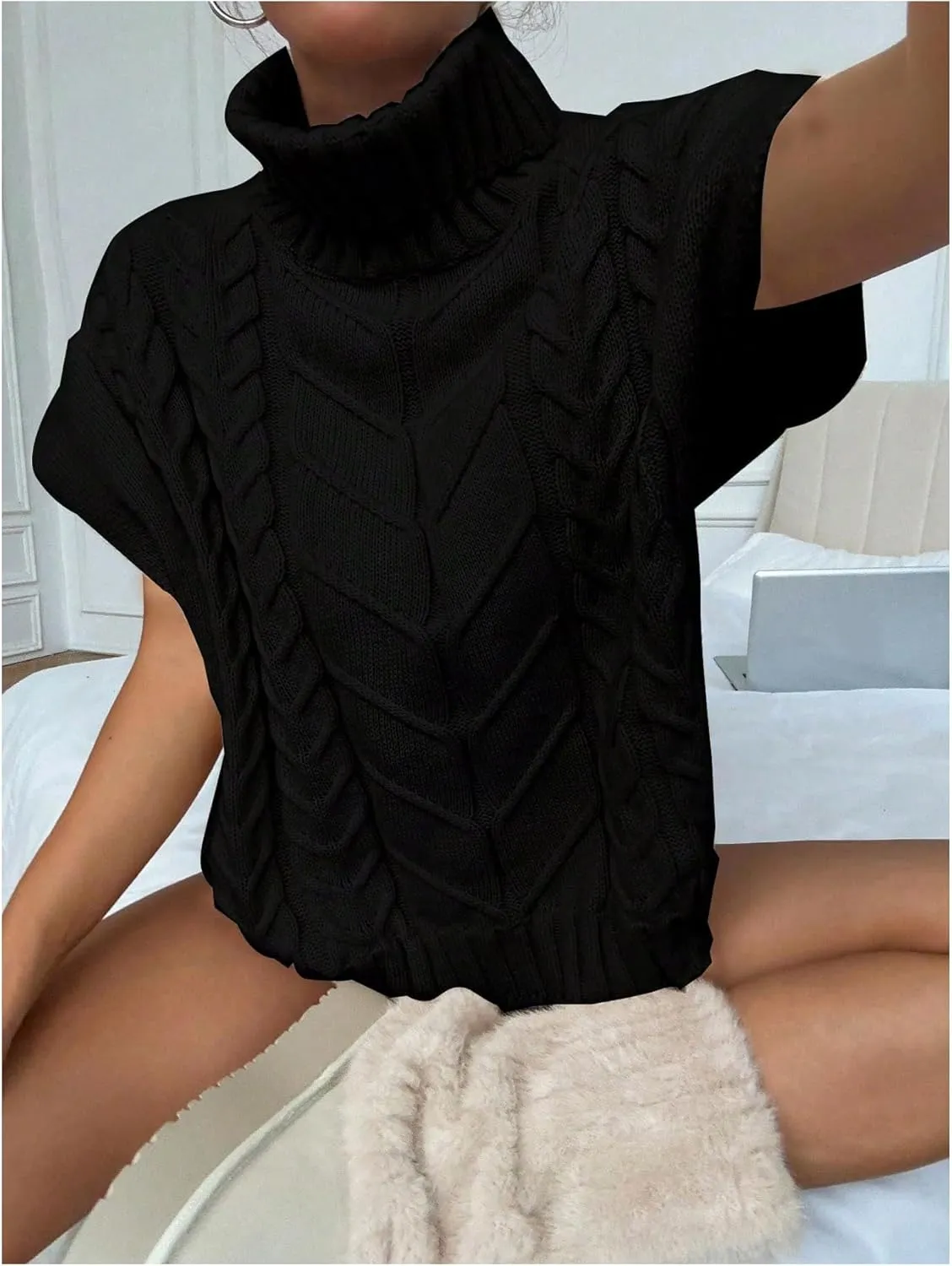 MakeMeChic Women's Turtleneck Cable Knit Sweater Vest Tops Short Sleeve Pullover Top