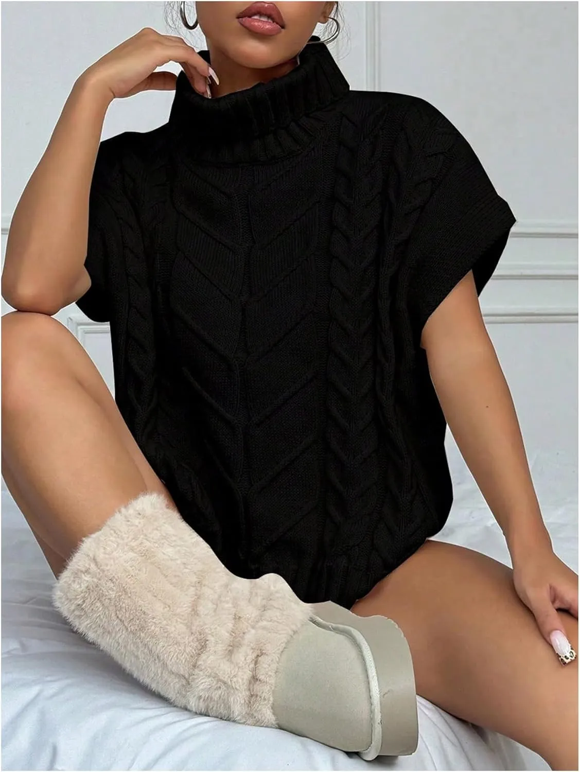 MakeMeChic Women's Turtleneck Cable Knit Sweater Vest Tops Short Sleeve Pullover Top