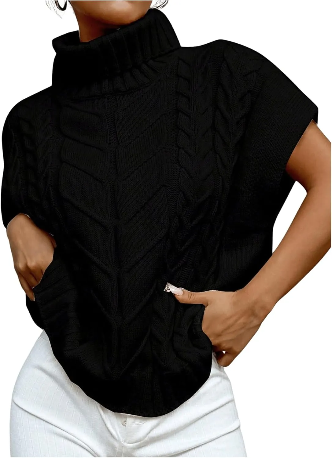 MakeMeChic Women's Turtleneck Cable Knit Sweater Vest Tops Short Sleeve Pullover Top