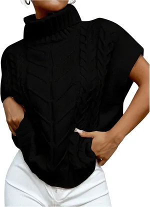 MakeMeChic Women's Turtleneck Cable Knit Sweater Vest Tops Short Sleeve Pullover Top