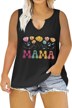 Mama Womens Tank Tops Plus Size Casual 2025 Summer Floral Printed V Neck Sleeveless T-Shirts Loose Tunic Blouses