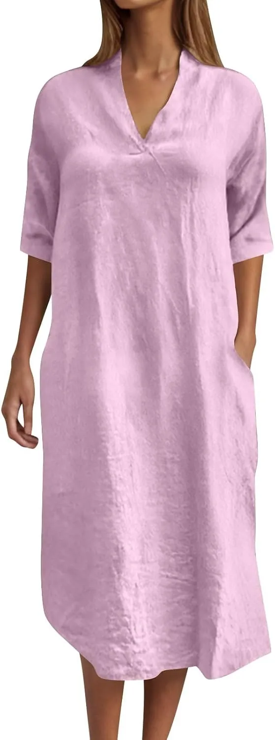 Maxi Dresses for Women 2025 Roll Sleeve V Neck Comfy Dress Lounge Oversized Comfort Plus Size Summer Tunic Shirt