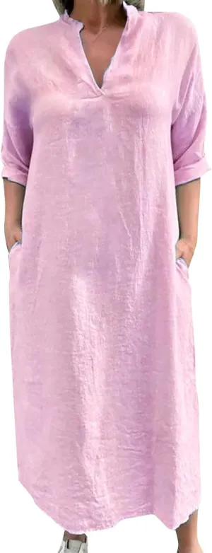 Maxi Dresses for Women 2025 Roll Sleeve V Neck Comfy Dress Lounge Oversized Comfort Plus Size Summer Tunic Shirt