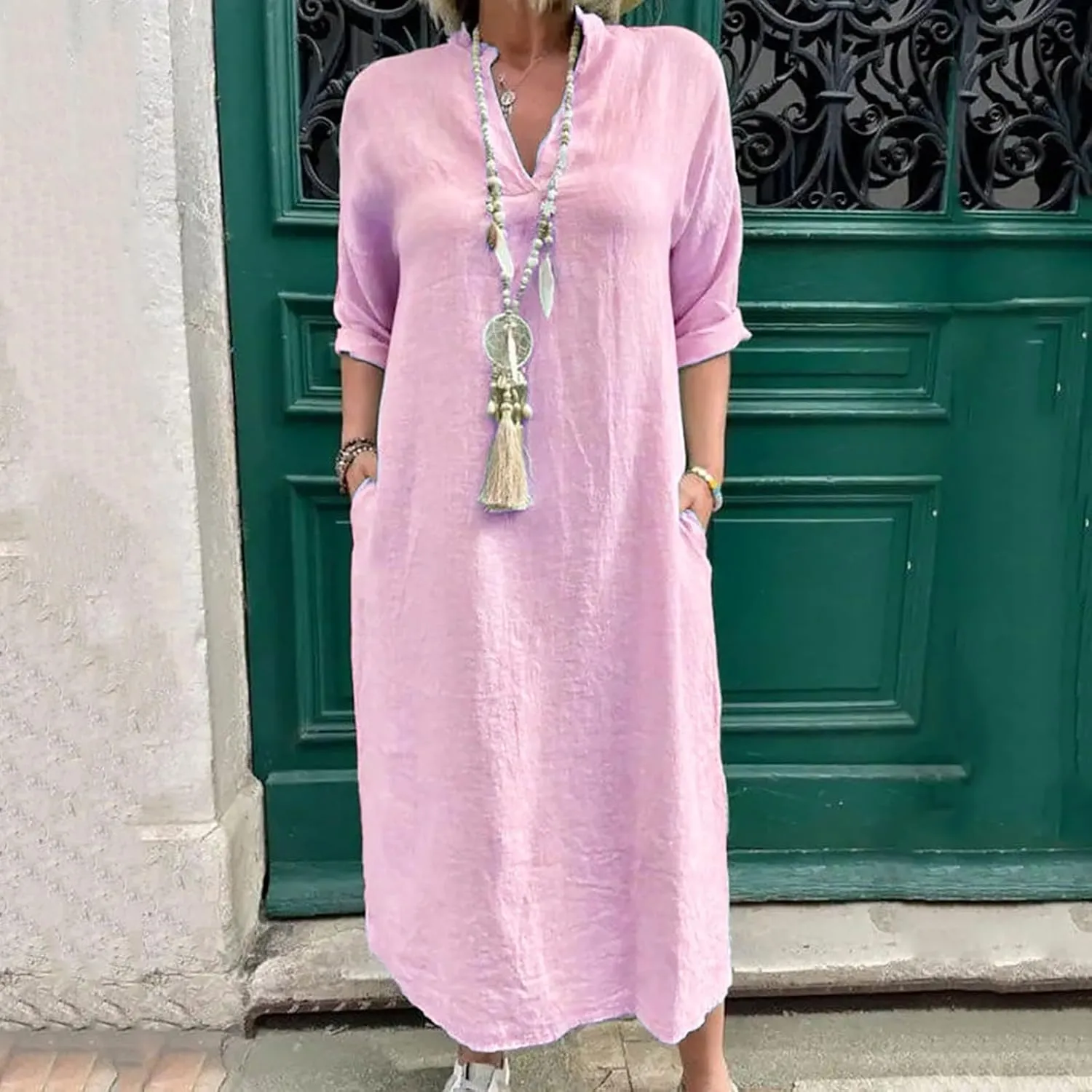Maxi Dresses for Women 2025 Roll Sleeve V Neck Comfy Dress Lounge Oversized Comfort Plus Size Summer Tunic Shirt