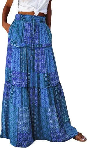 Maxi Skirts for Women Beach Boho Skirts Ruffle Tiered Flowy Swing High Waisted Summer Floral Skort with Pockets