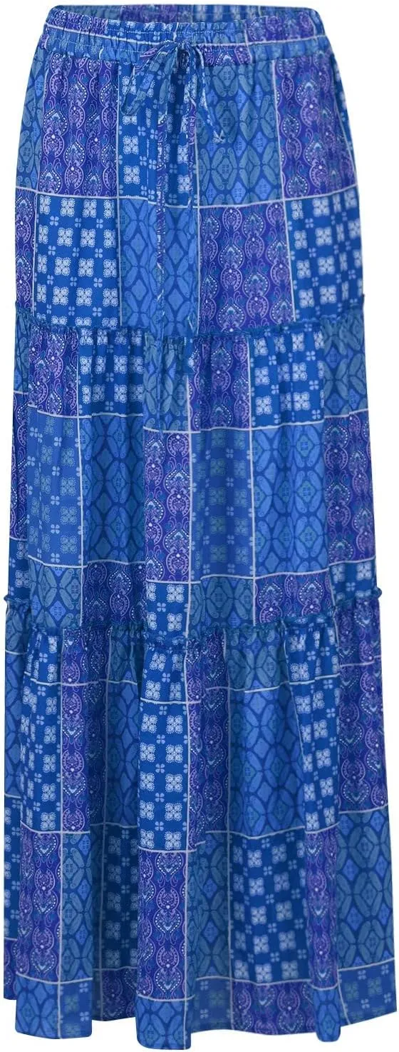 Maxi Skirts for Women Beach Boho Skirts Ruffle Tiered Flowy Swing High Waisted Summer Floral Skort with Pockets