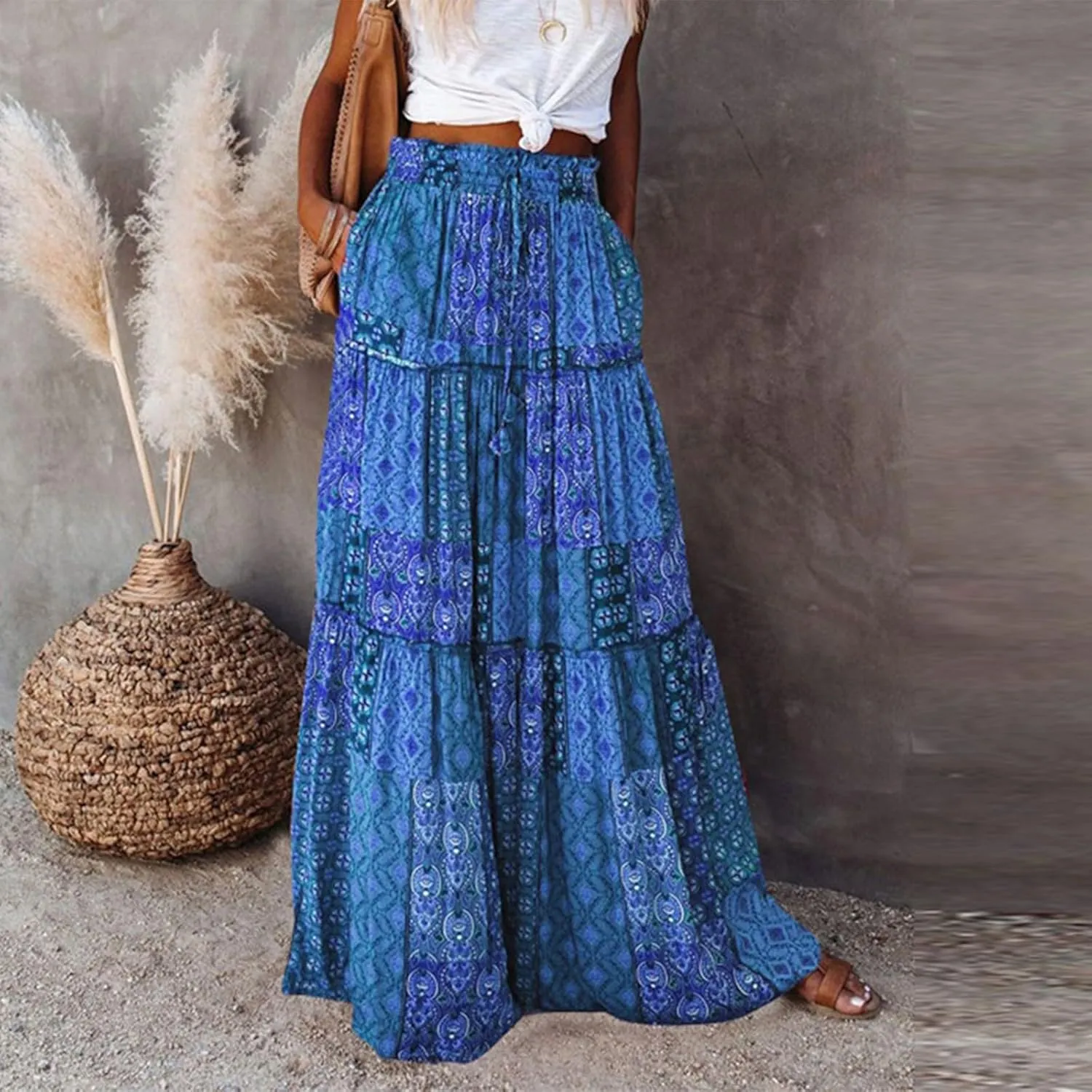 Maxi Skirts for Women Beach Boho Skirts Ruffle Tiered Flowy Swing High Waisted Summer Floral Skort with Pockets