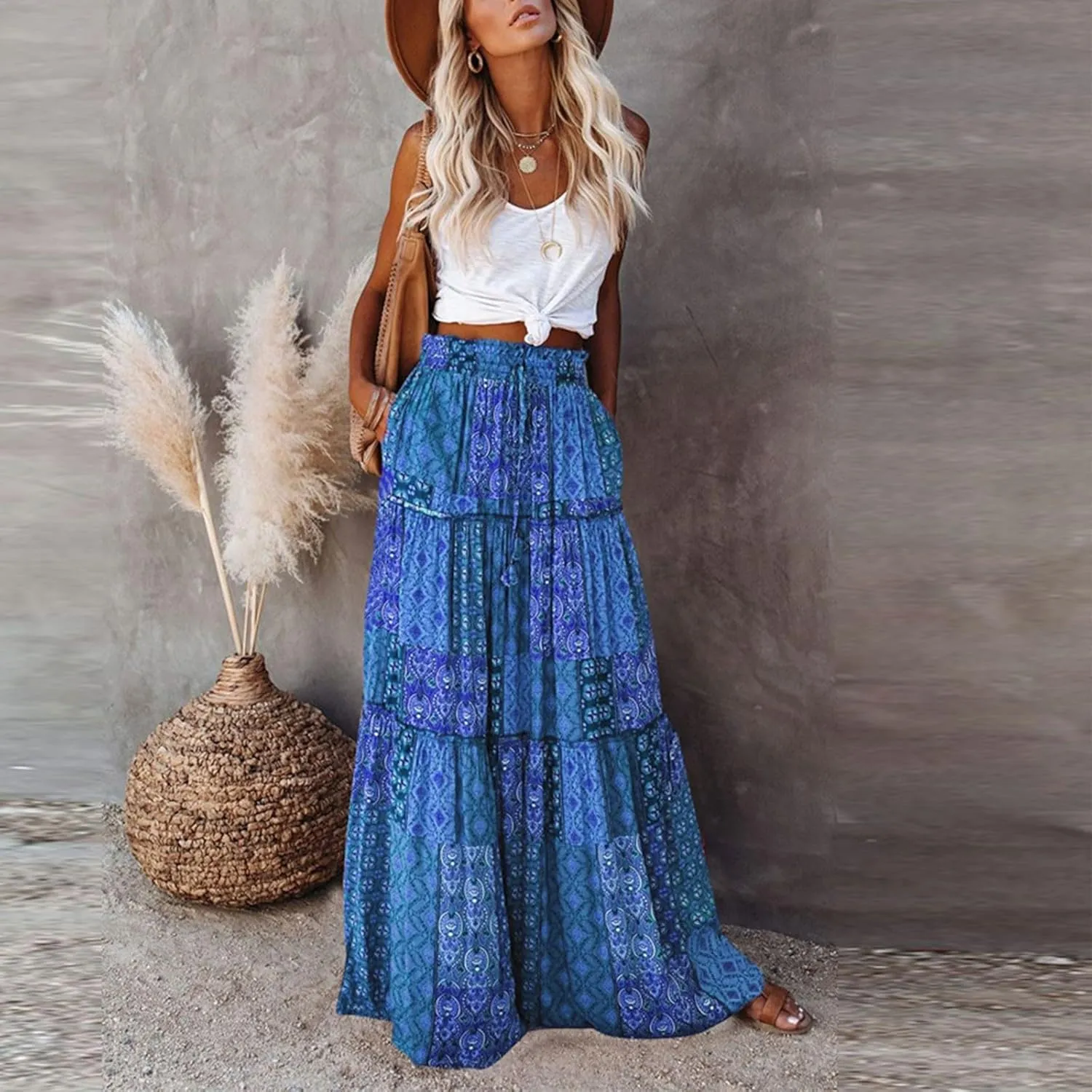 Maxi Skirts for Women Beach Boho Skirts Ruffle Tiered Flowy Swing High Waisted Summer Floral Skort with Pockets